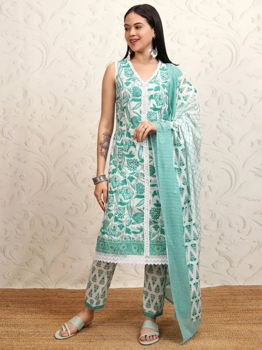 White/Turq Embroidered Kurta With Trousers