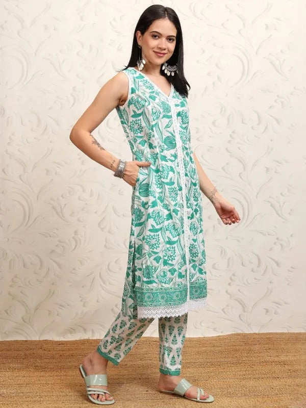 White/Turq Embroidered Kurta With Trousers