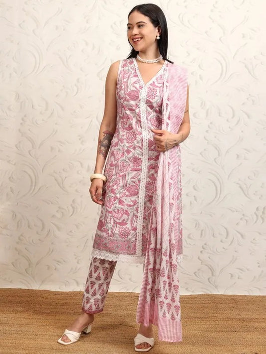 White Printed Kurta With Trousers