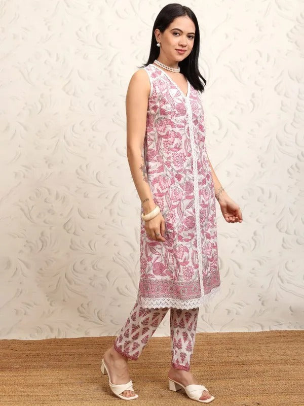 White Printed Kurta With Trousers
