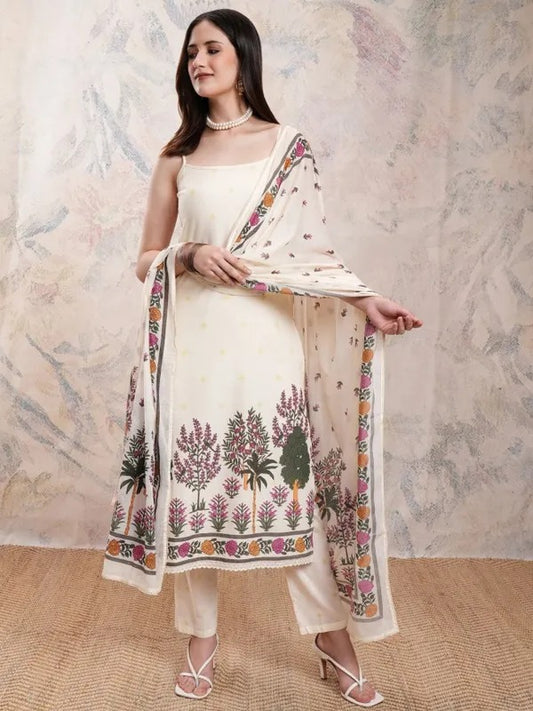 Cream Embroidered Kurta SET