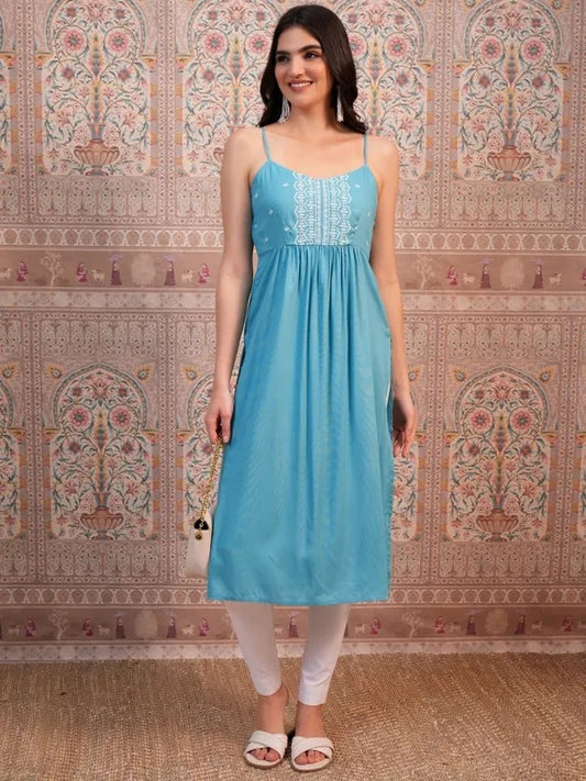 Aqua Teal Embroidered A-Line Kurta