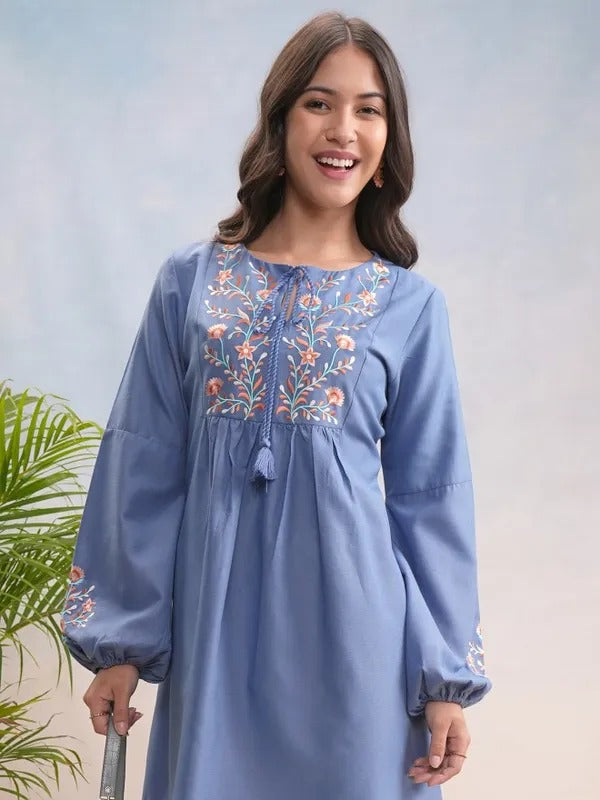 Blue Embroidered short dress