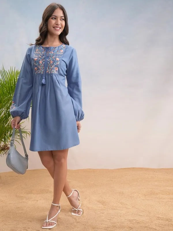 Blue Embroidered short dress