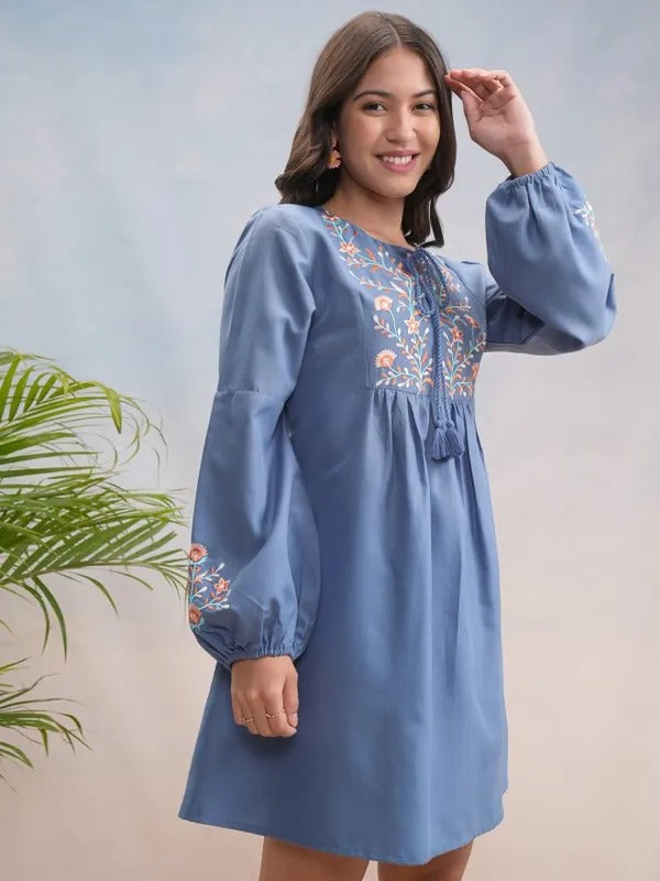 Blue Embroidered short dress