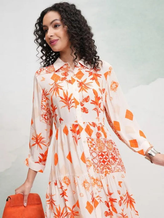 Cream/Orange Printed Tunic with Pants Co-ords