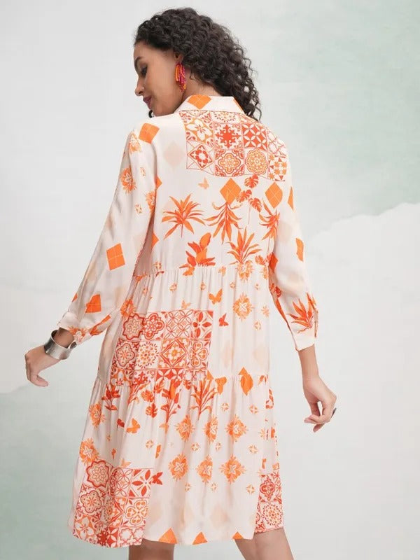 Cream/Orange Printed Tunic with Pants Co-ords