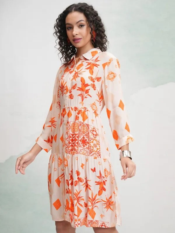 Cream/Orange Printed Tunic with Pants Co-ords