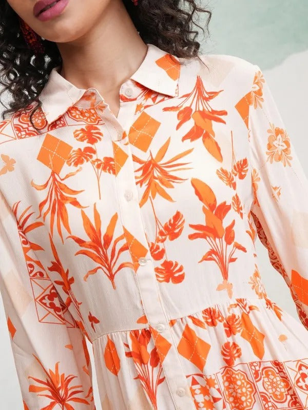 Cream/Orange Printed Tunic with Pants Co-ords
