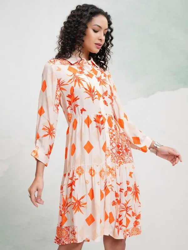 Cream/Orange Printed Tunic with Pants Co-ords