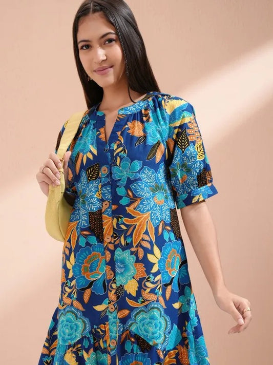 Navy Blue/Blue Printed Tunic with Pants Co-ords