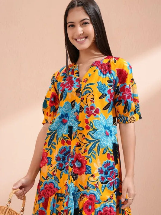 Mustard Printed Tunic with Pants Co-ords