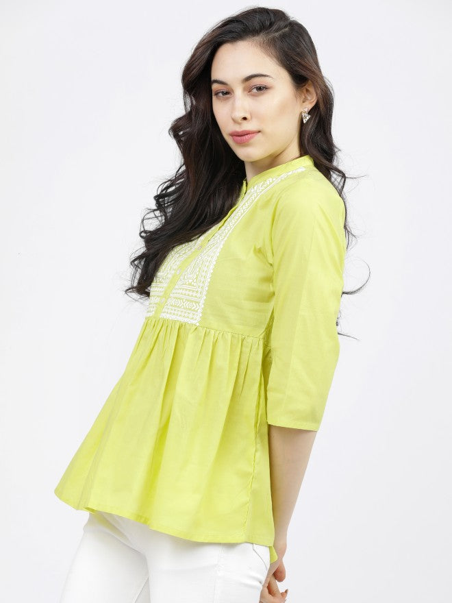 Women Yellow Cambric Printed Top