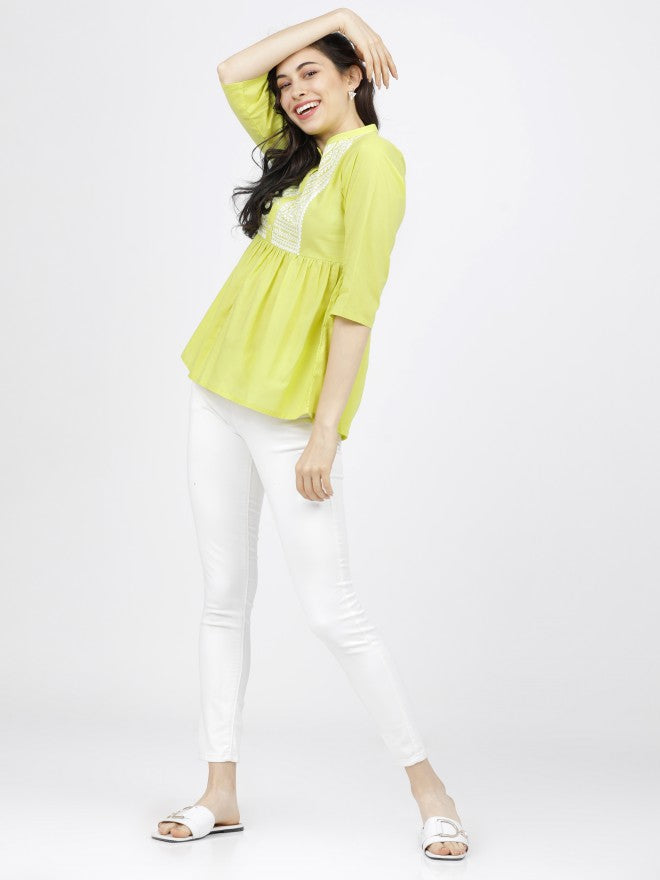 Women Yellow Cambric Printed Top
