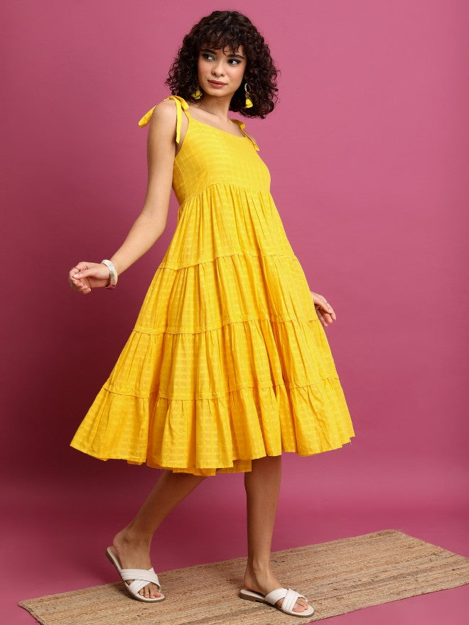 Women Yellow Striped A-Line Dress Anokhi.mu Women Yellow Striped A-Line Dress Anokhi.mu