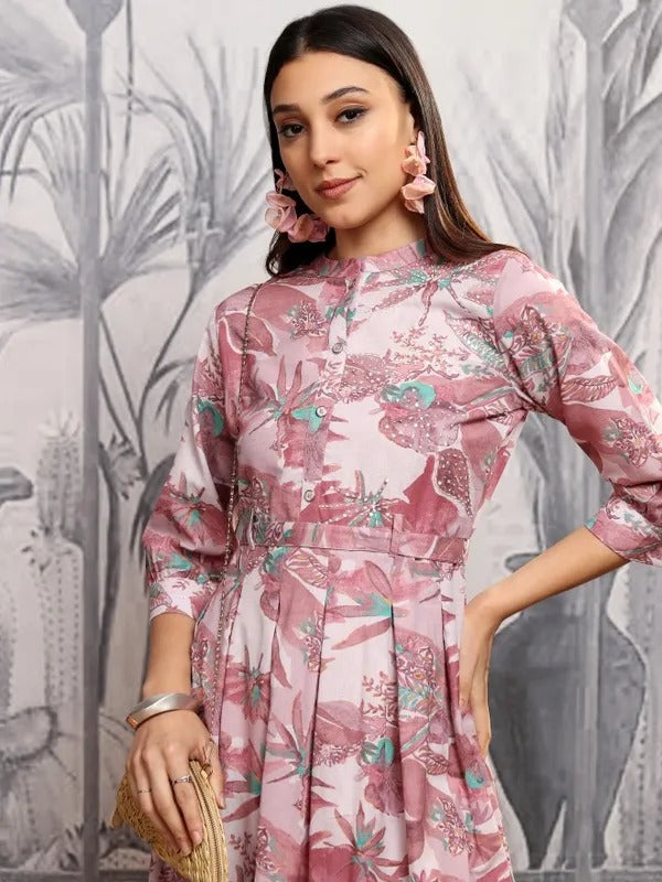 Dusty Rose Printed A-Line Dress