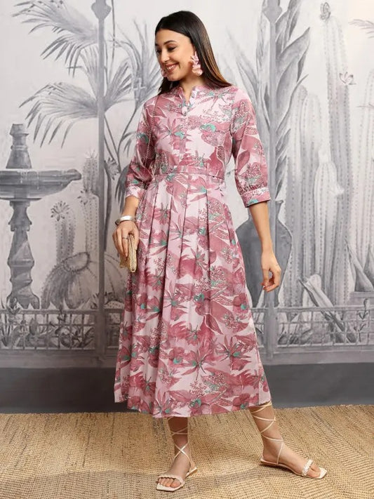 Dusty Rose Printed A-Line Dress