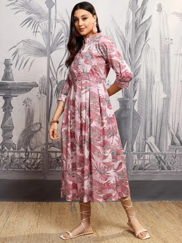 Dusty Rose Printed A-Line Dress
