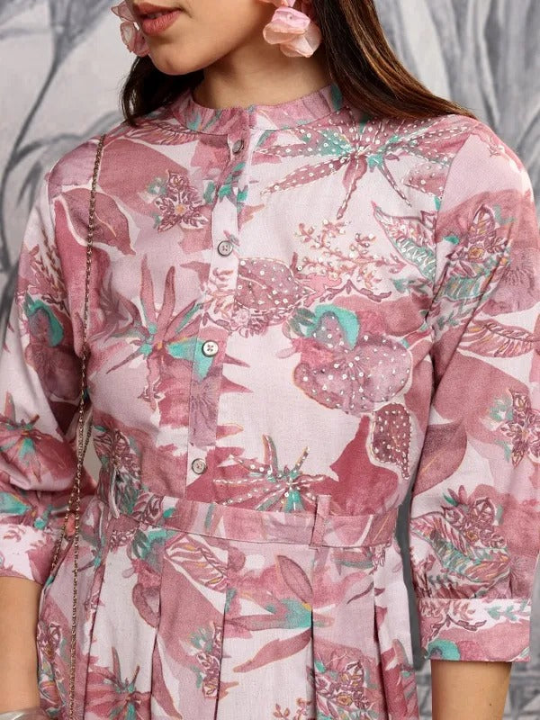 Dusty Rose Printed A-Line Dress