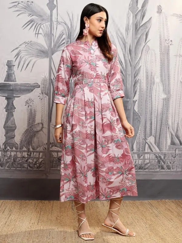 Dusty Rose Printed A-Line Dress