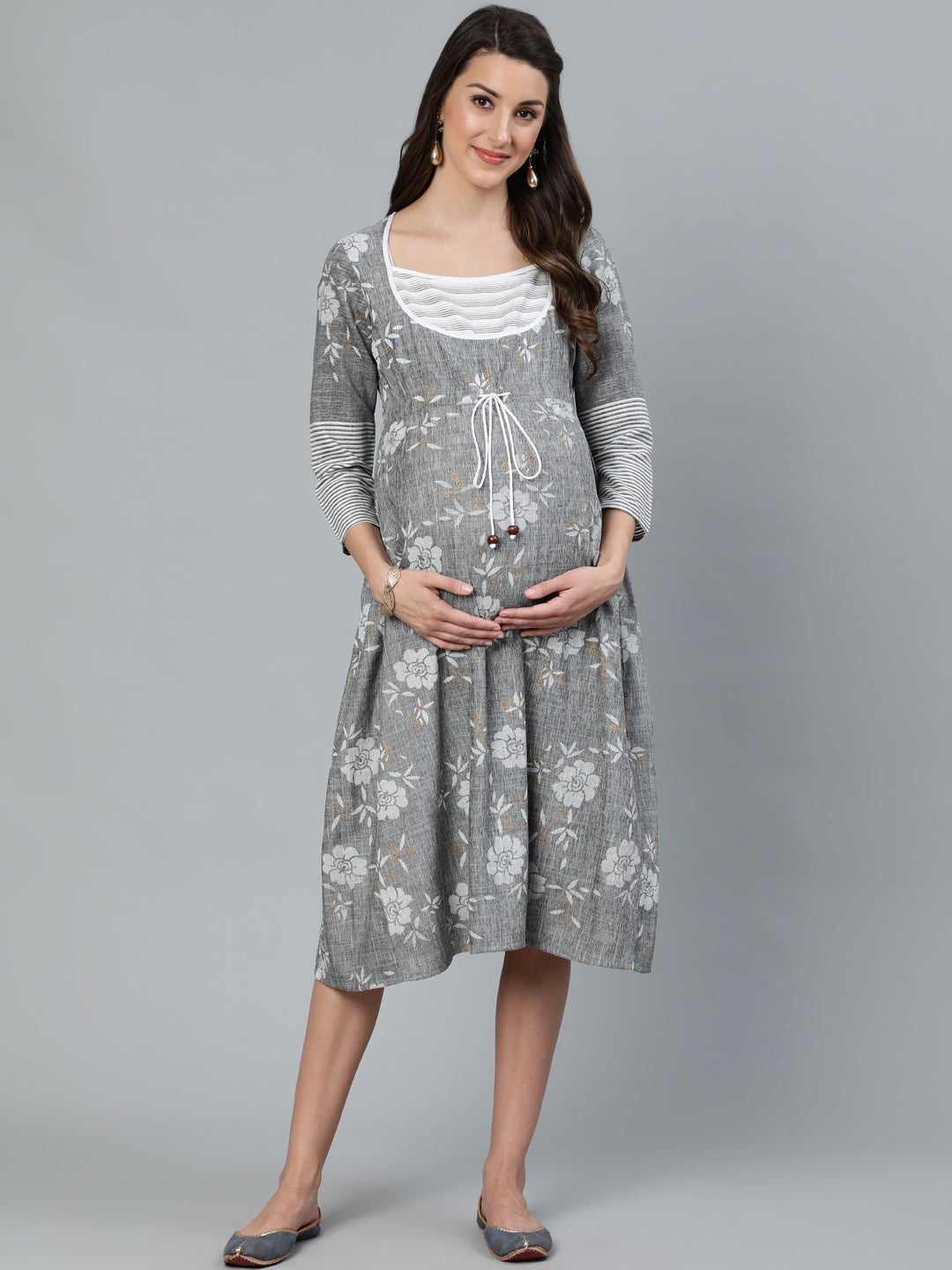 Grey Floral Print Maternity Dress