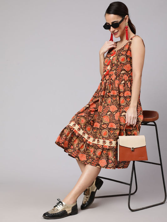 Brown Floral Print Midi Dress