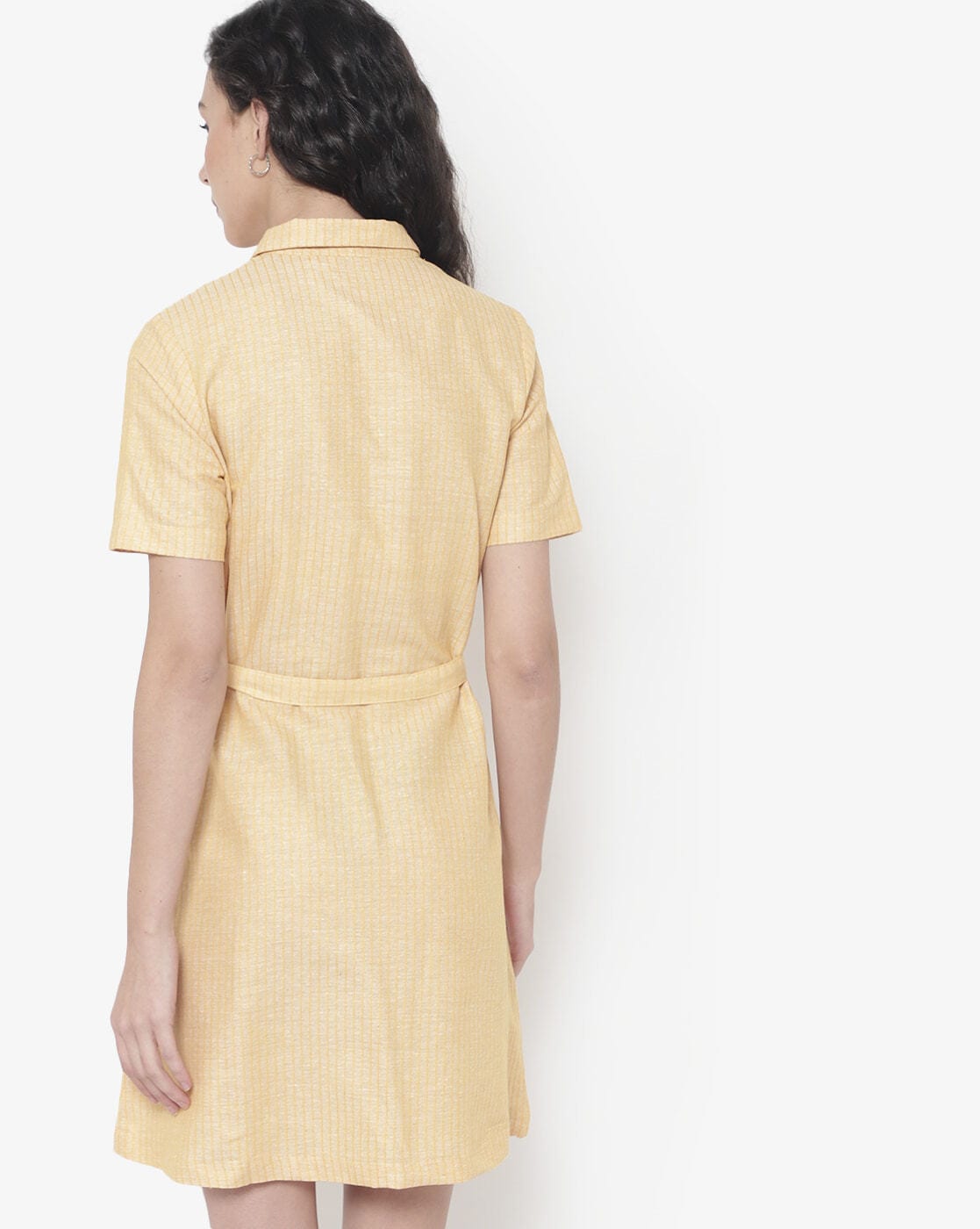 Mustard Yellow Textured Shirt Dress with Waist Tie Up
