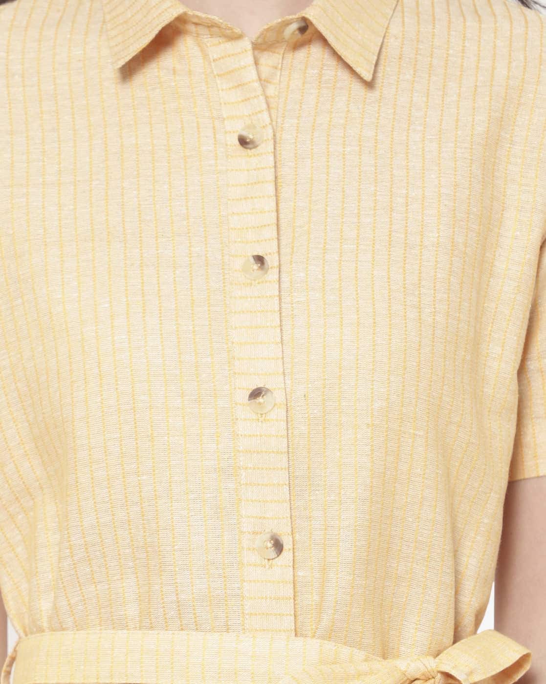 Mustard Yellow Textured Shirt Dress with Waist Tie Up