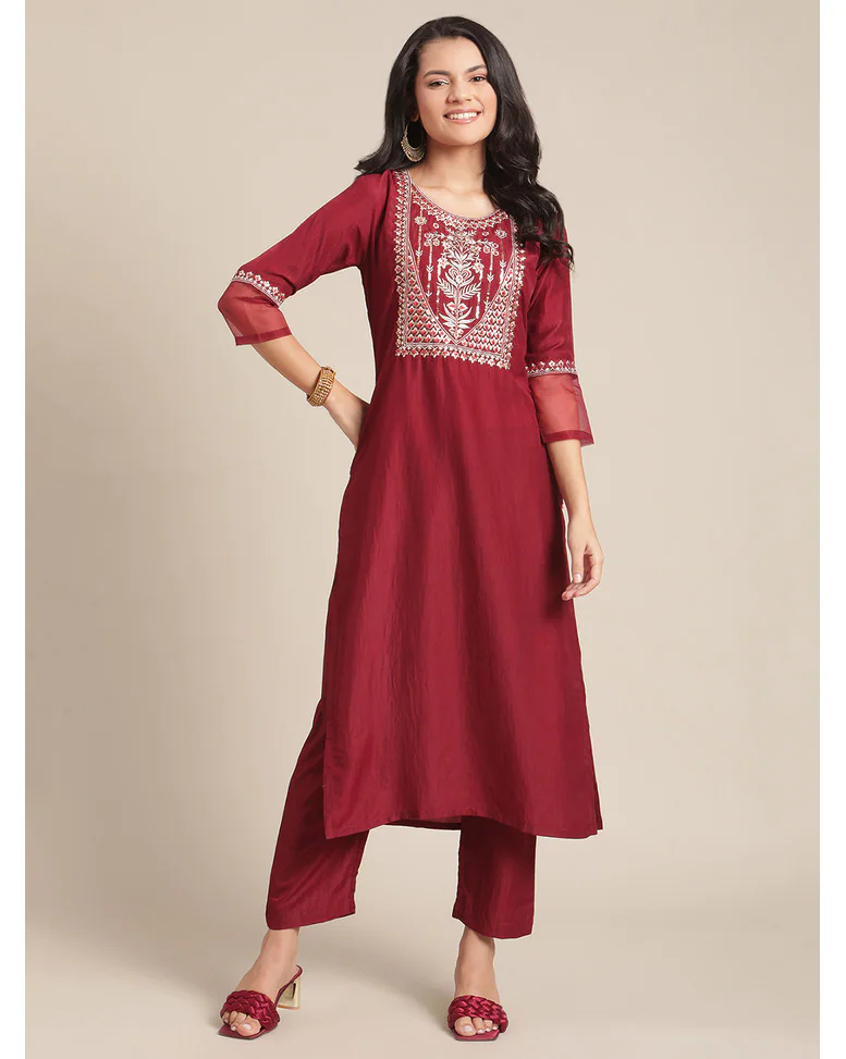 Maroon Blended Embroidered SuitSet