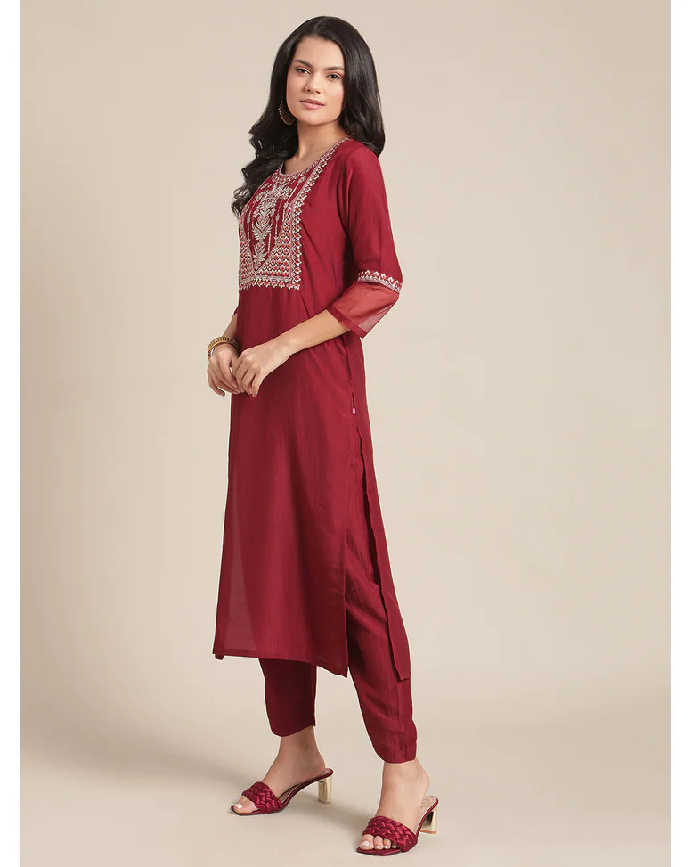 Maroon Blended Embroidered SuitSet