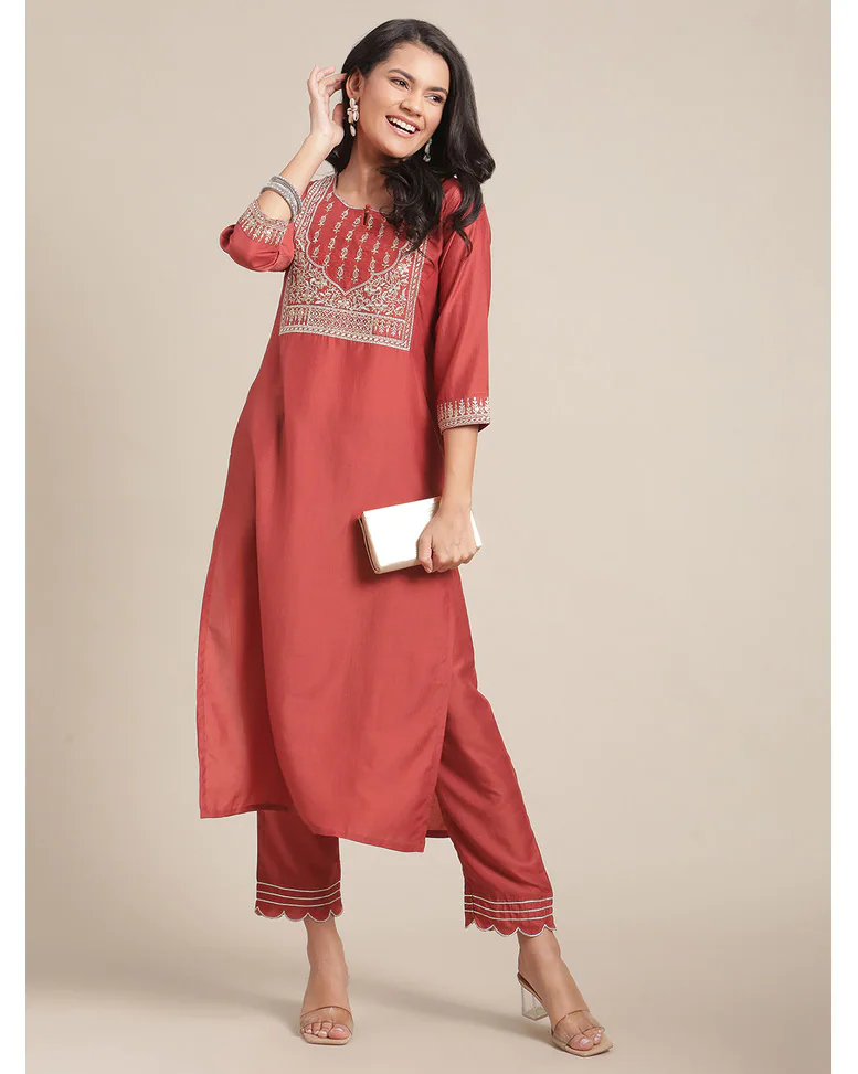 Rust Blended Embroidered SuitSet
