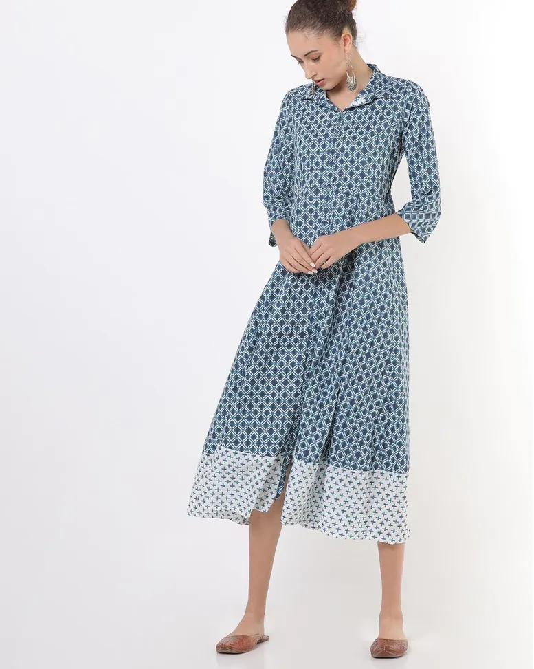 Blue Cambric cotton Printed Fit and Flare Dress