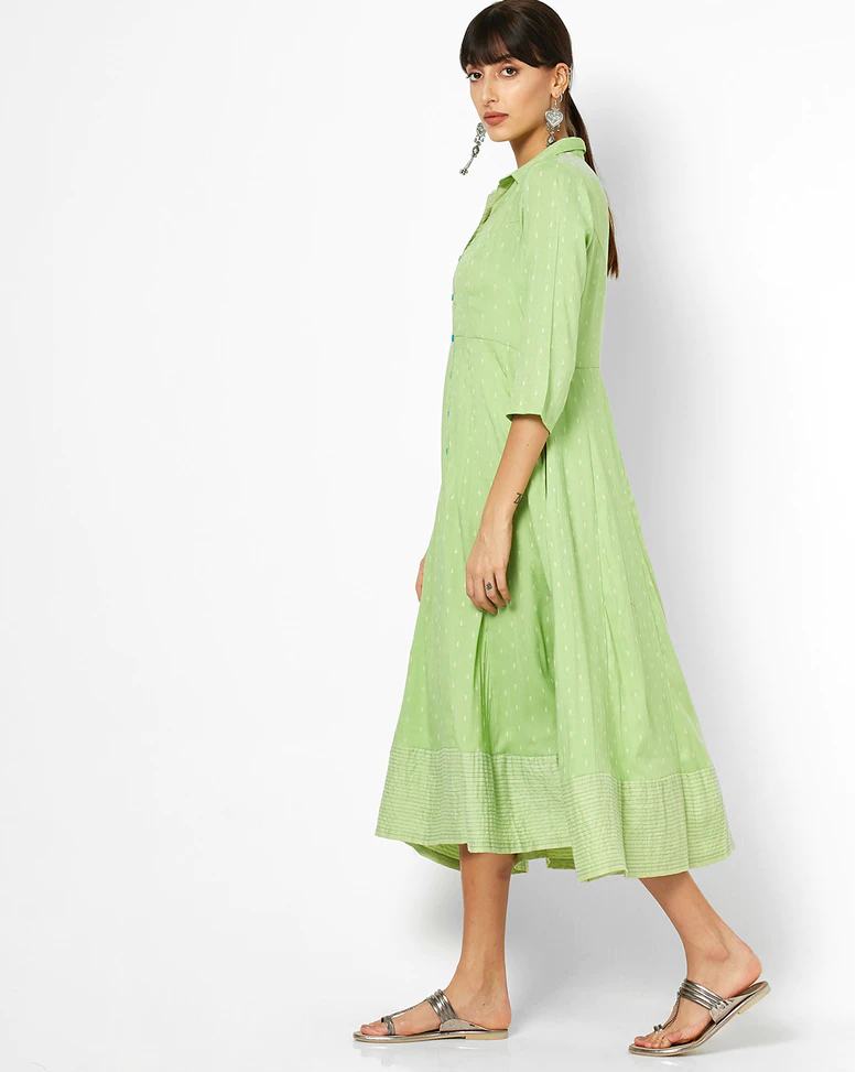 Green Blended Printed Shirt Dress