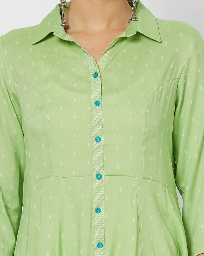 Green Blended Printed Shirt Dress