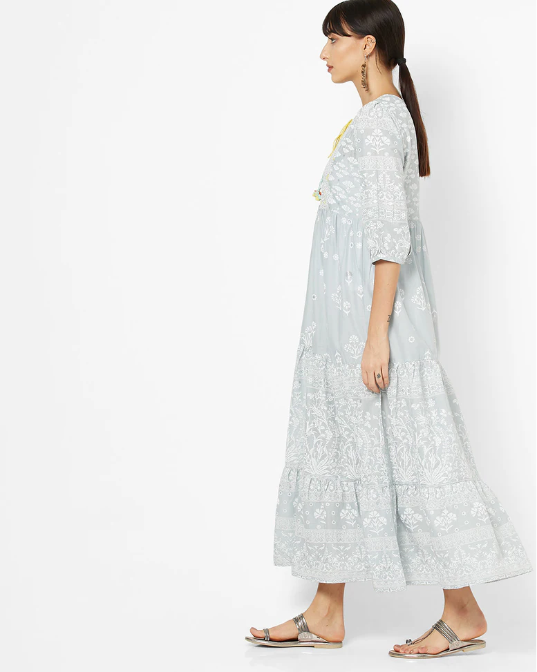 Grey Cambric cotton Printed Gown Dress