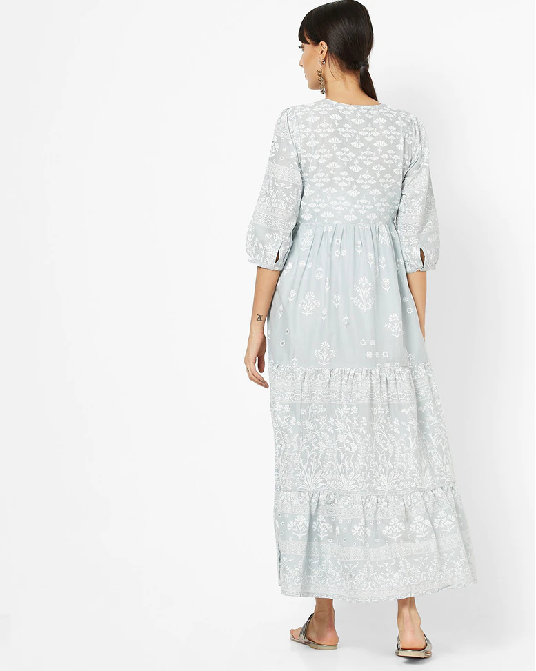 Grey Cambric cotton Printed Gown Dress