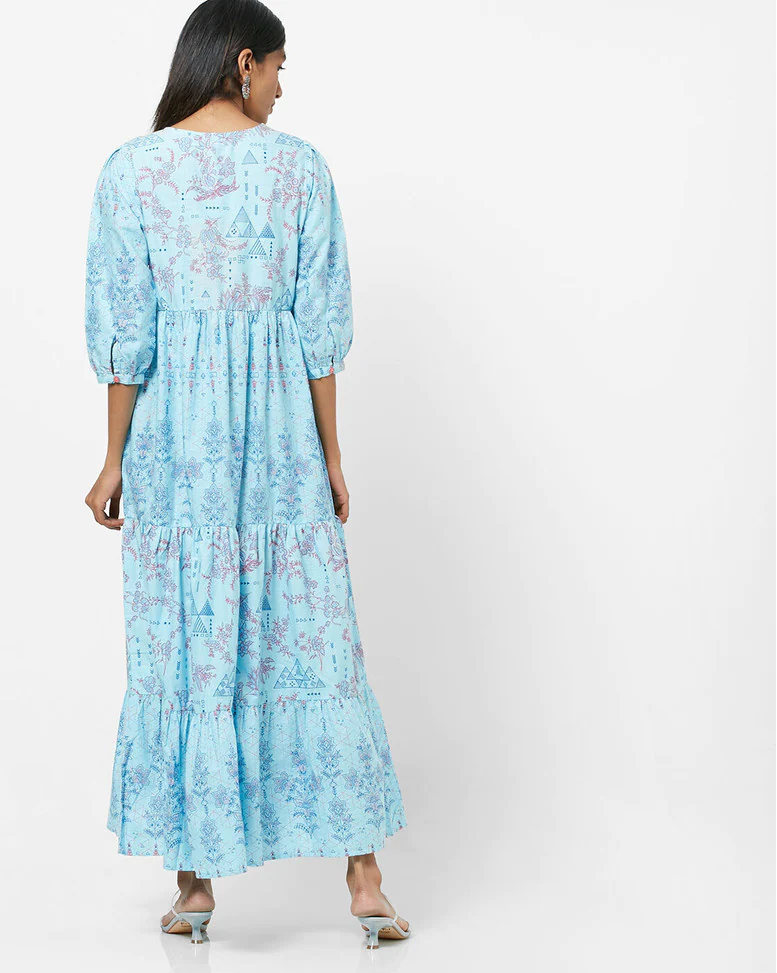 Sky Blue Cotton Printed Gown Dress