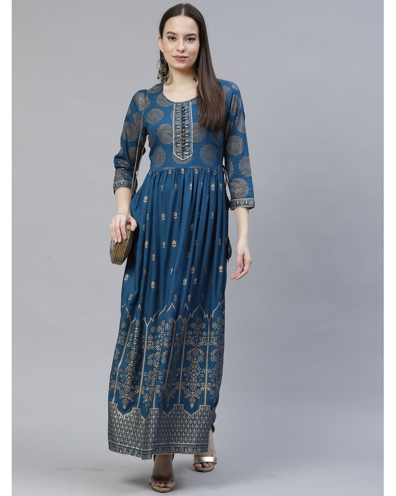 Blue Rayon Printed Dress
