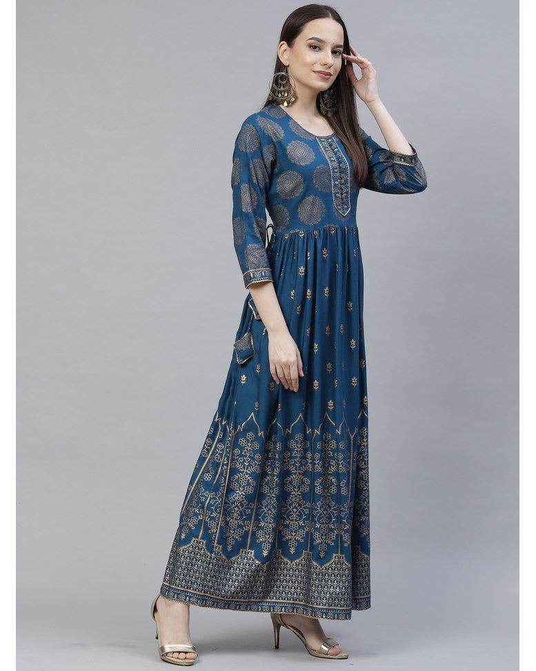 Blue Rayon Printed Dress