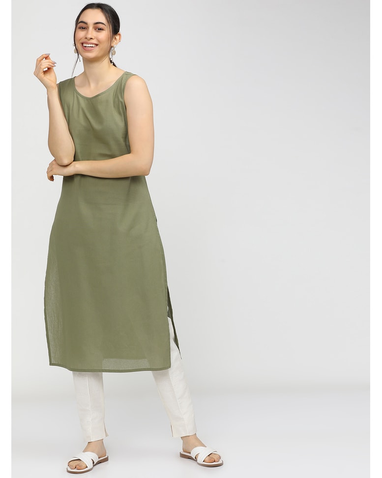 Green Cotton printed kurta with vest