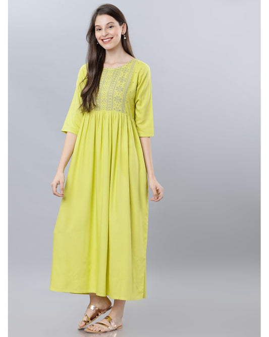 Lime Viscose Printed Fit And Flare Dress