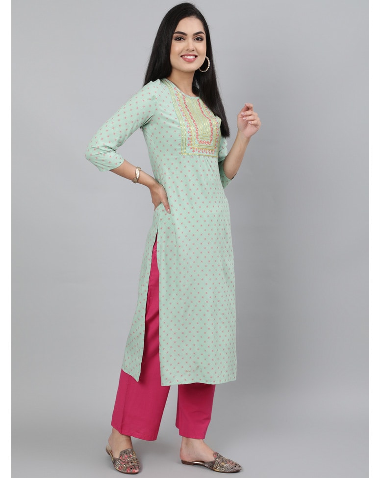 Pastel Green Rayon Embroidered Straight Kurta