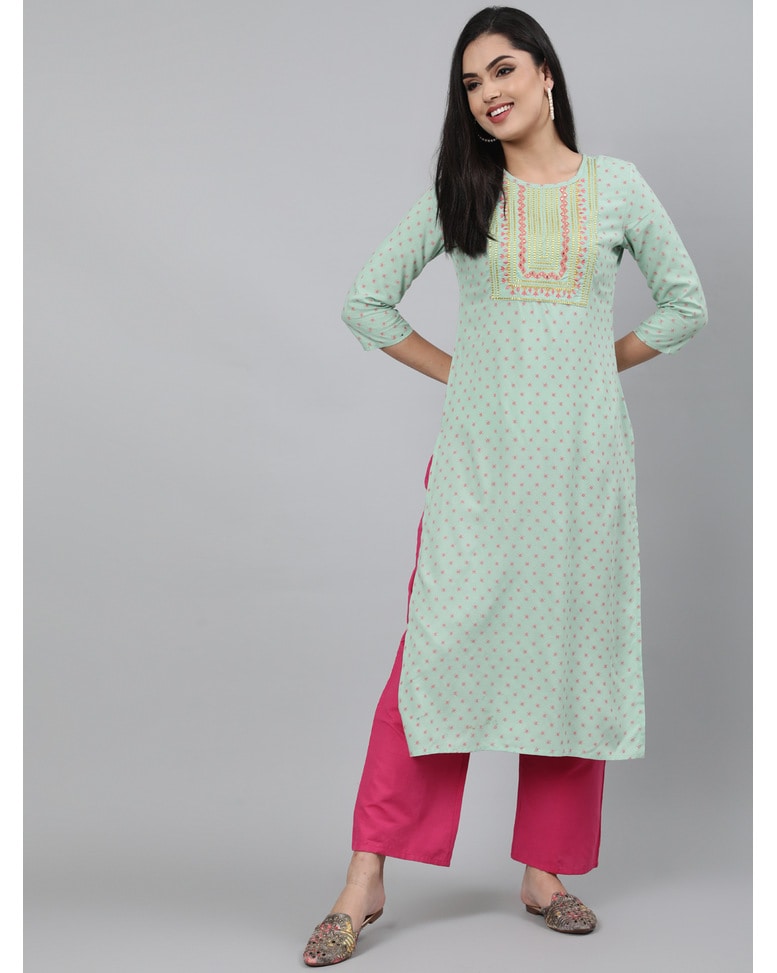 Pastel Green Rayon Embroidered Straight Kurta