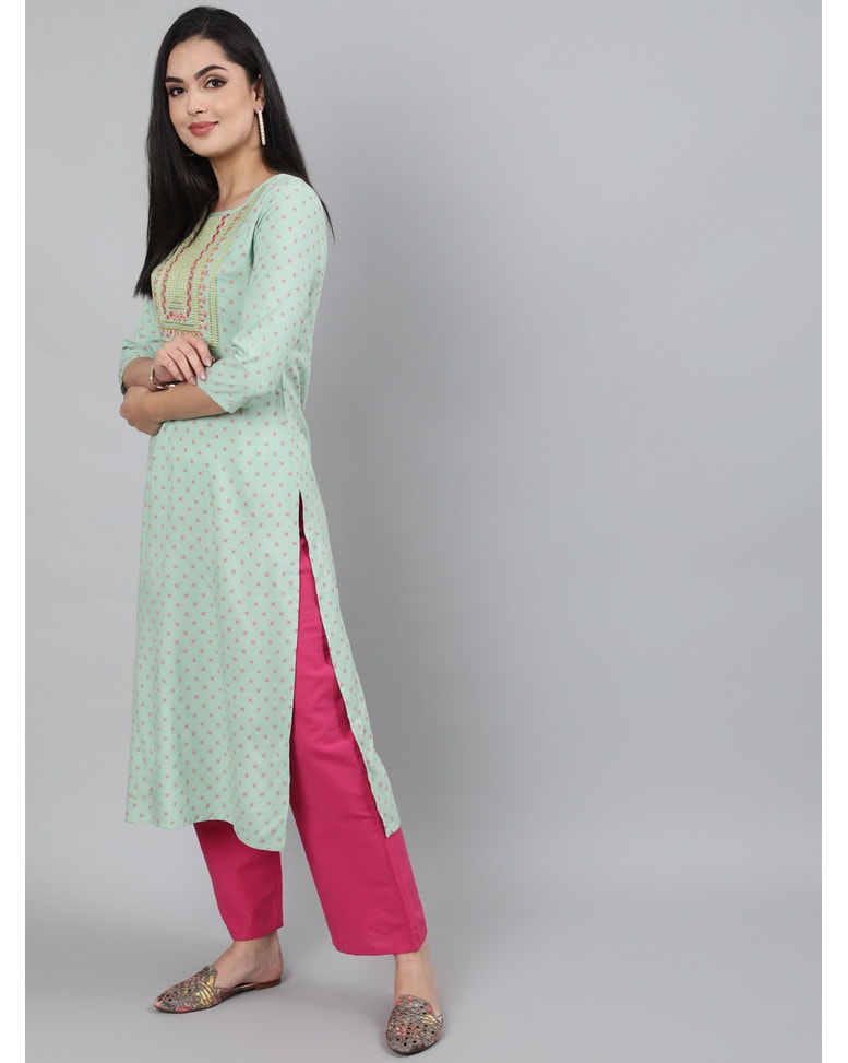 Pastel Green Rayon Embroidered Straight Kurta