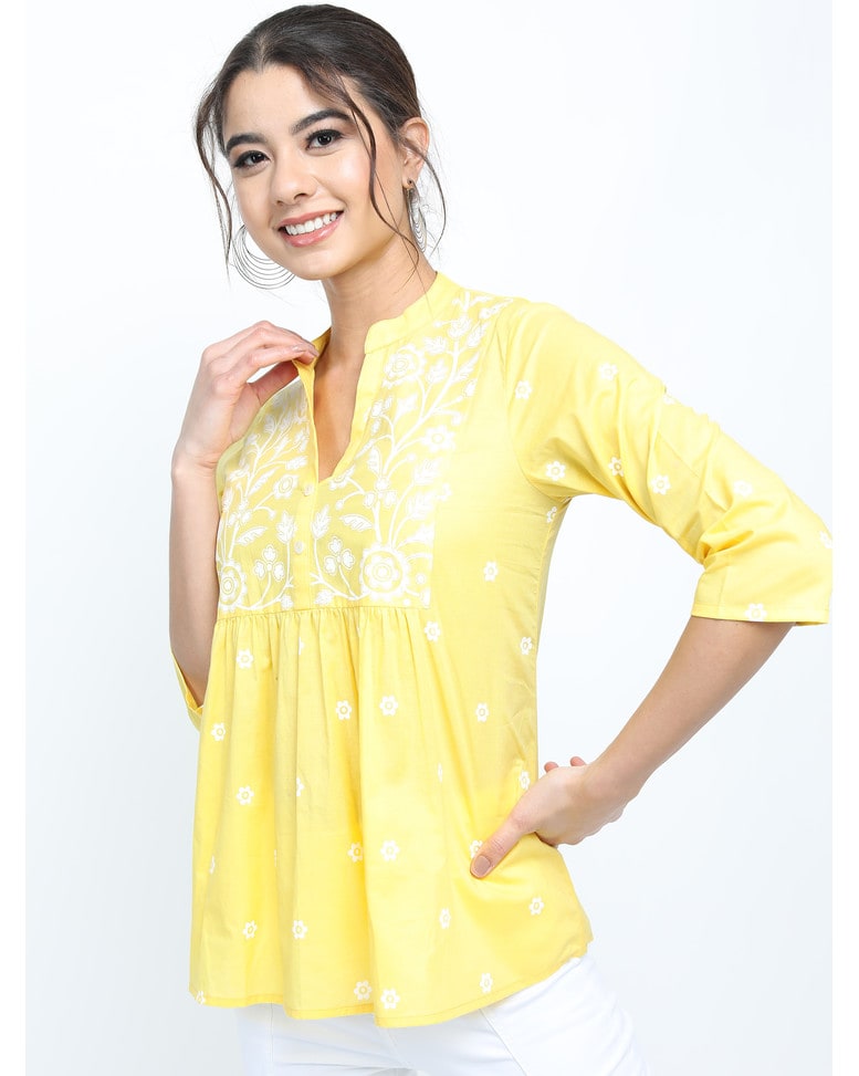Yellow Cotton Printed Top