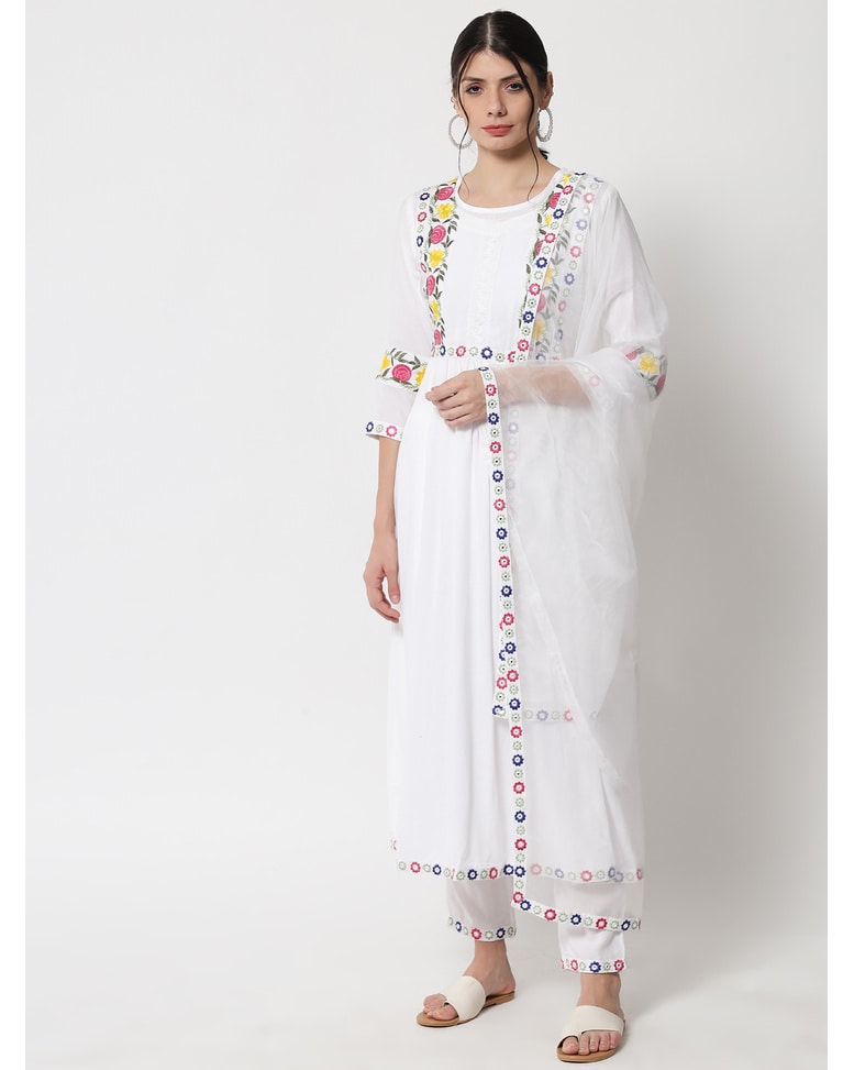White Viscose Embroidered Ethnic Pants SuitSet