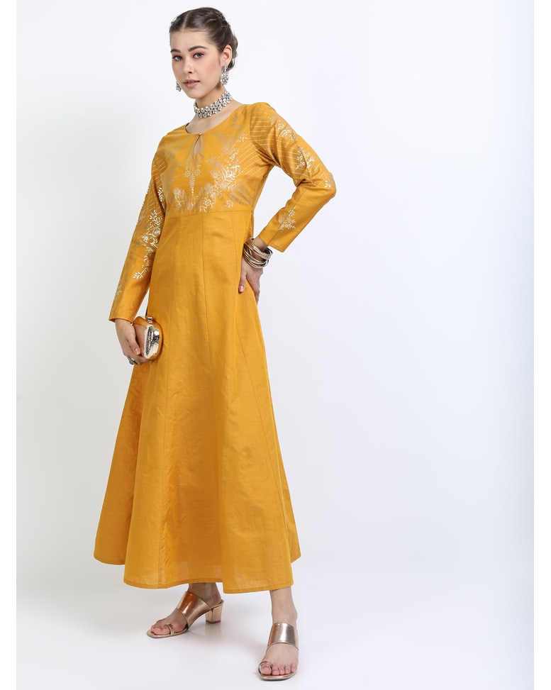 Mustard Printed A-line Dress