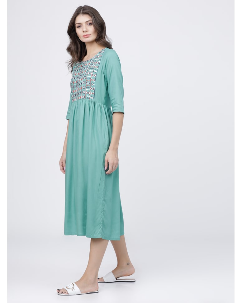 Green Viscose Printed A-line Dress