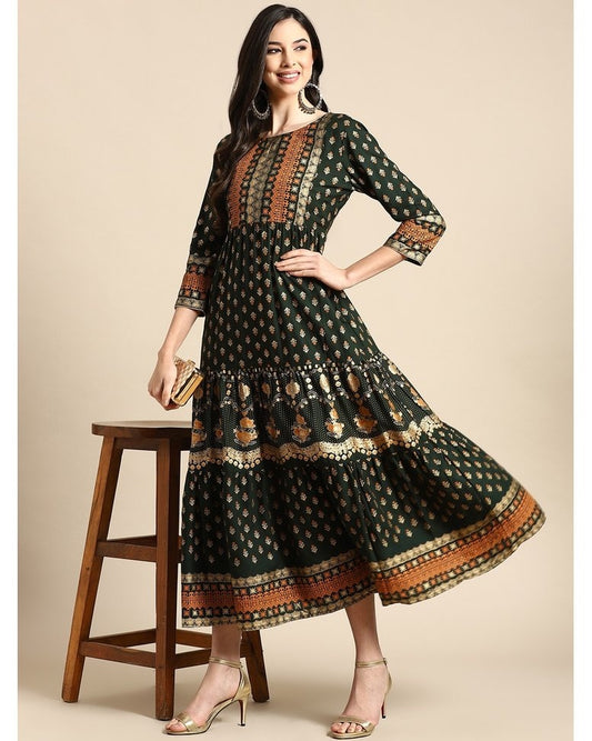 Green Rayon Printed Gown Dress