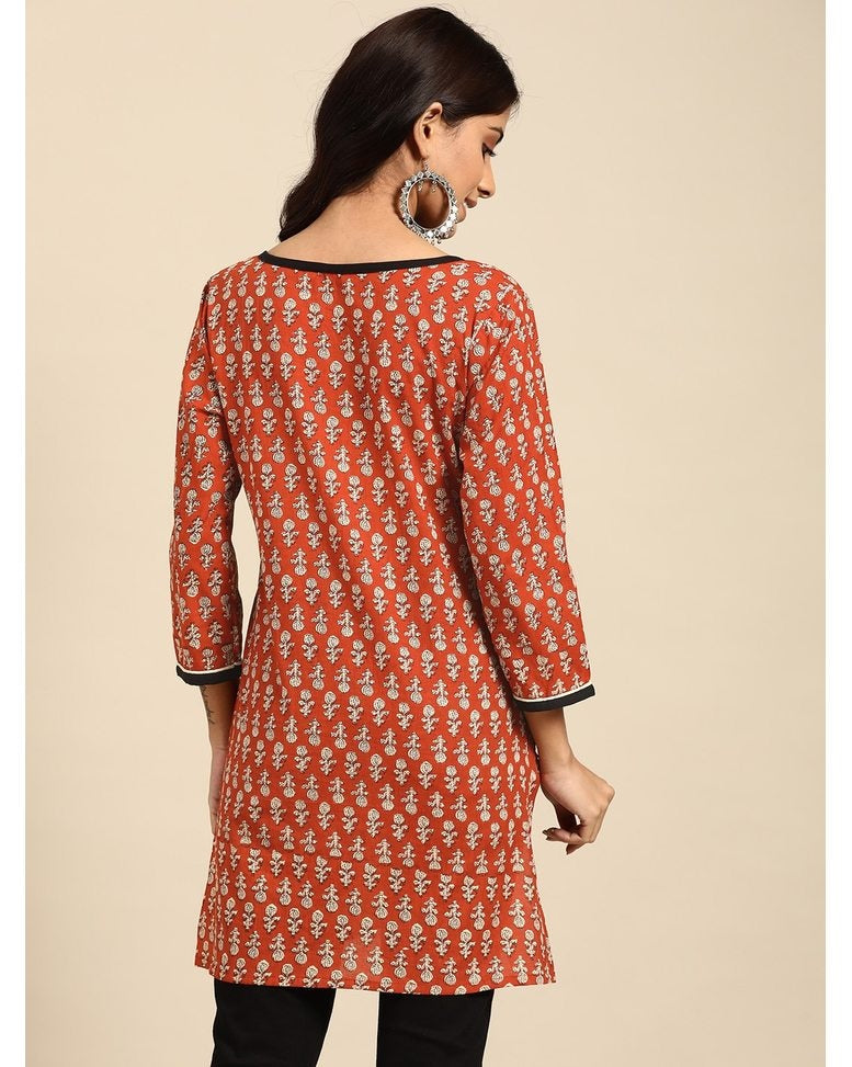 Rust Cotton Printed Kurti